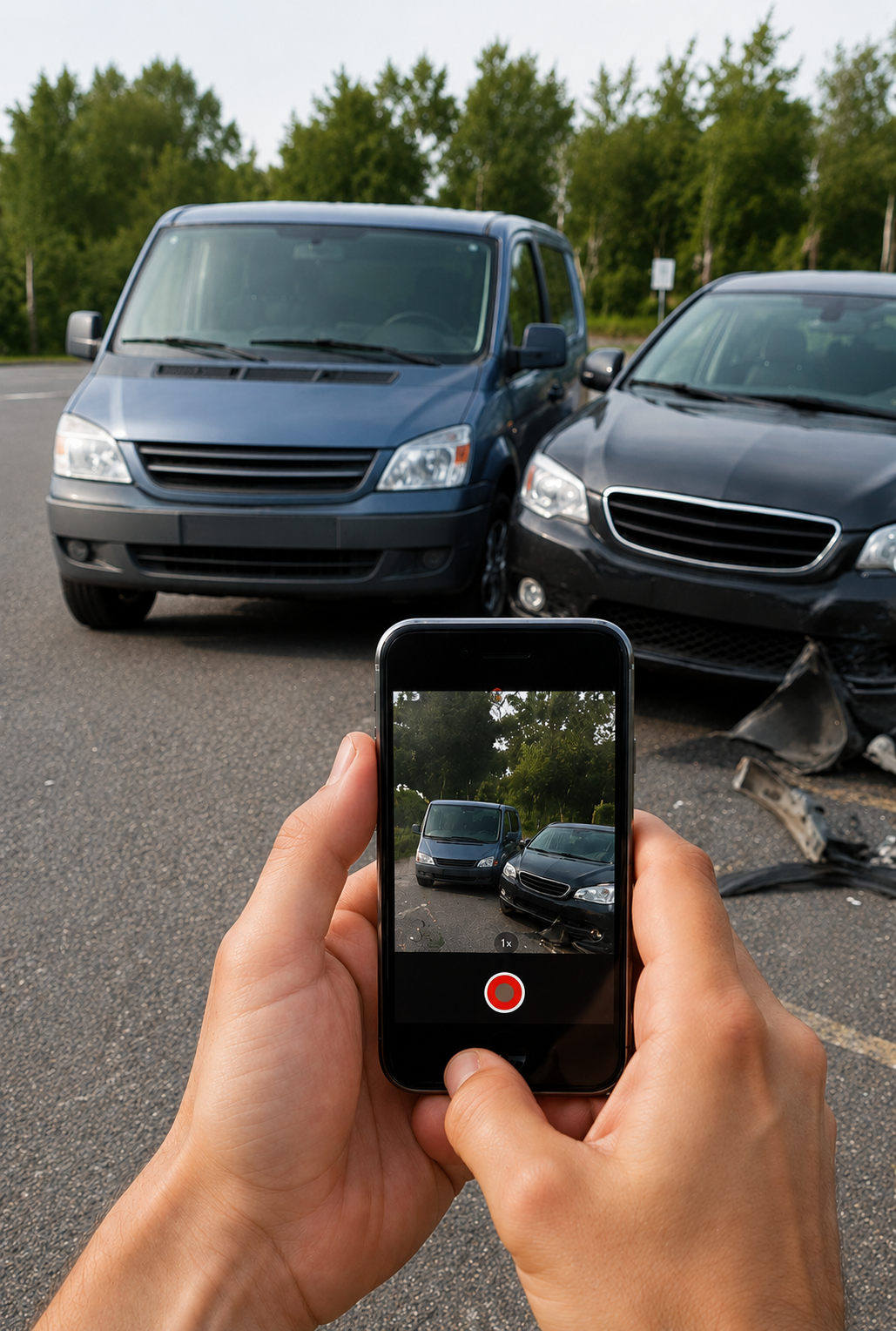 Person photographing a car accident scene with a mobile phone
